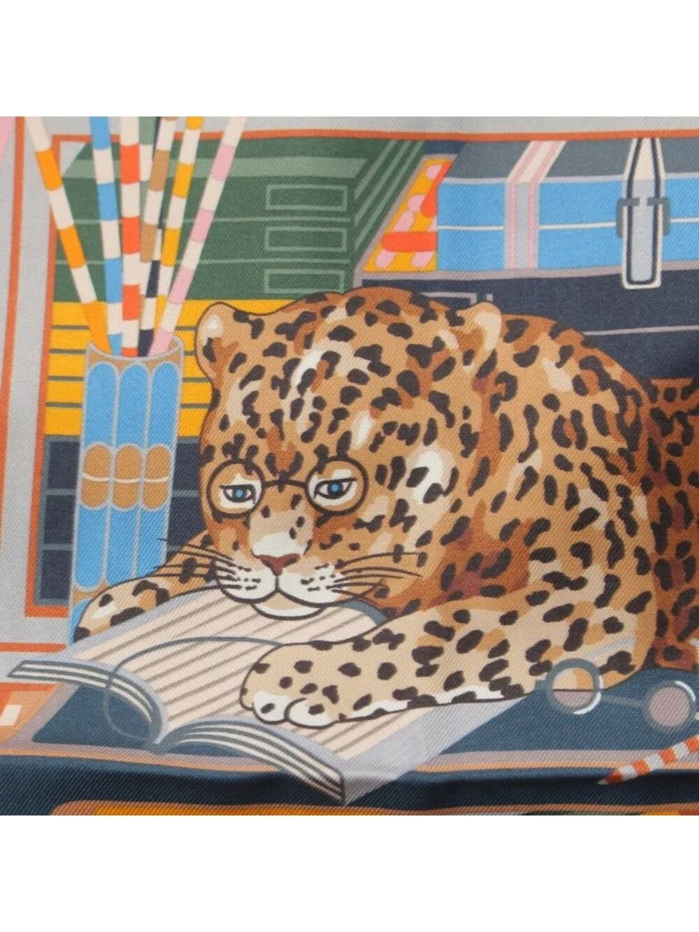 Hermes Carre 90 Silk Double Face Les Douze Leopards 12 Scarf Orange Blue